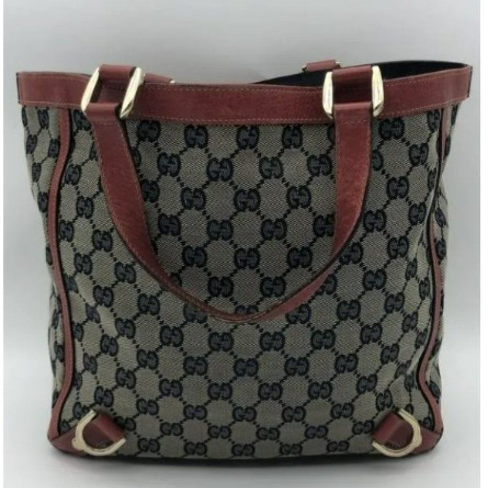 Authentic Gucci 3 Rings Abbey Hobo Handbag- Navy/Red Monogrammed Canvas - Picture 4 of 8